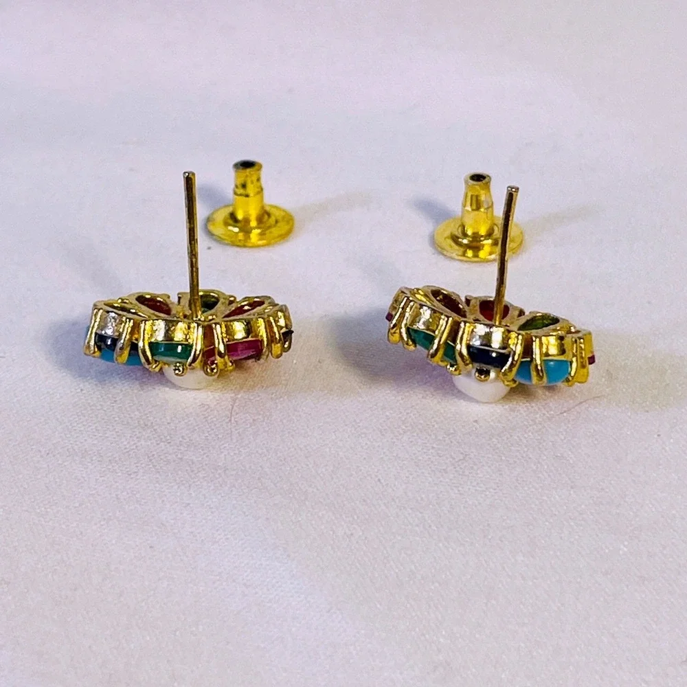 Vintage Multicolor Flower Stud Earrings Gold Tone Faux Pearl Jewel Tone‎ Floral